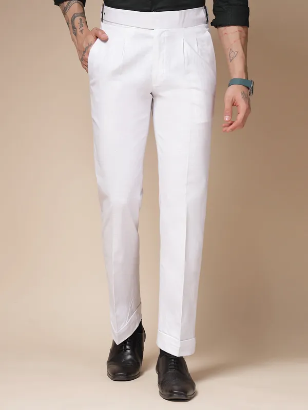 White_Linen_Boot_Cut_Buckle_Gurkha_Trousers_For_Men