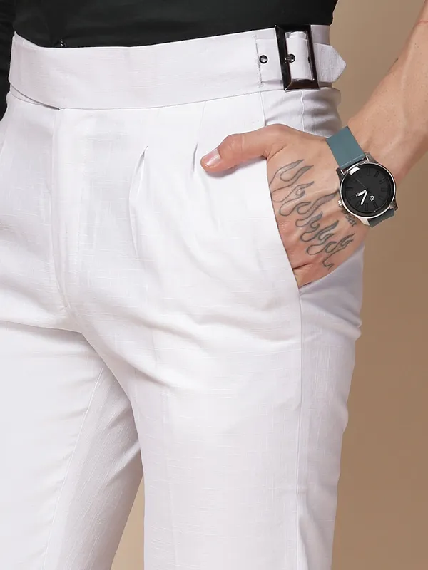White_Linen_Boot_Cut_Buckle_Gurkha_Trousers_For_Men
