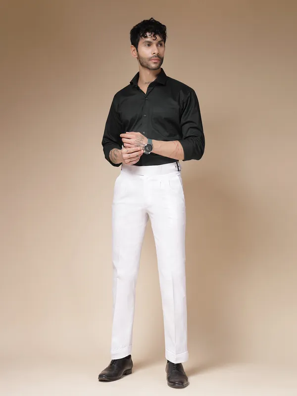White_Linen_Boot_Cut_Buckle_Gurkha_Trousers_For_Men