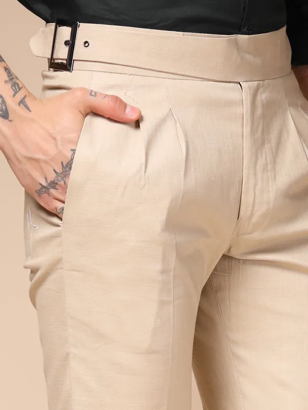Beige_Linen_Classic_Buckle_Gurkha_Pants_For_Men