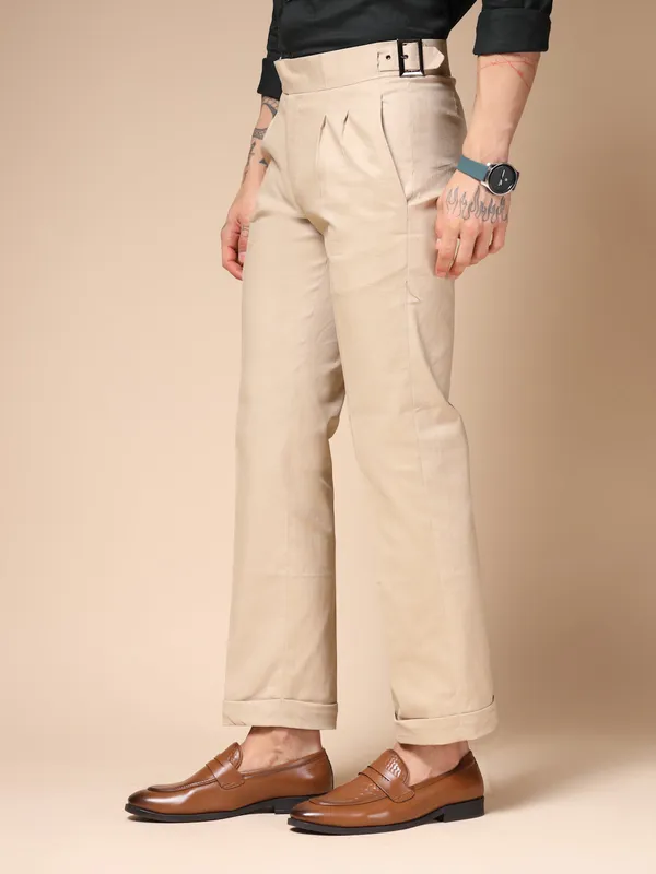Beige_Linen_Classic_Buckle_Gurkha_Pants_For_Men
