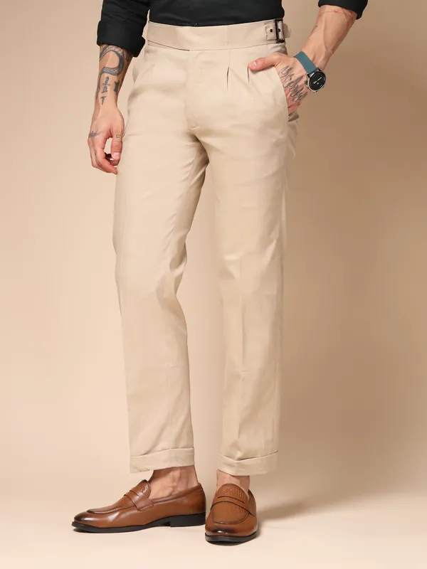 Beige_Linen_Classic_Buckle_Gurkha_Pants_For_Men