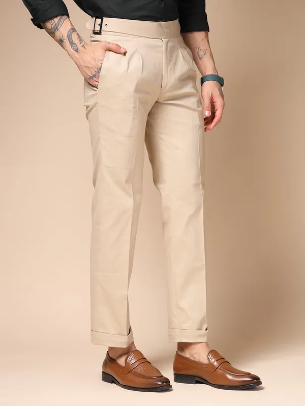 Beige_Linen_Classic_Buckle_Gurkha_Pants_For_Men