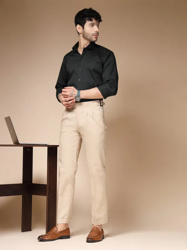 Beige_Linen_Classic_Buckle_Gurkha_Pants_For_Men