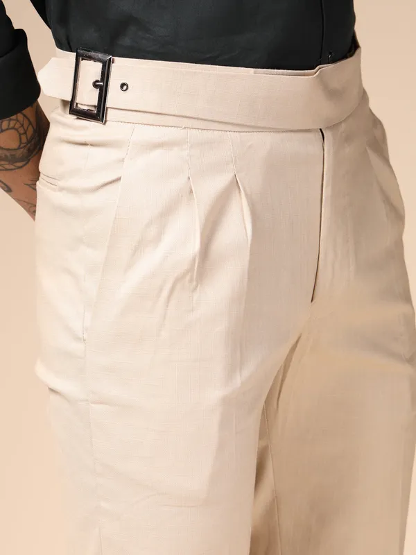 Beige_Linen_Classic_Buckle_Gurkha_Pants_For_Men
