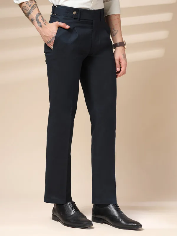 Navy_Linen_Boot_Cut_Oxford_Gurkha_Trousers_For_Men
