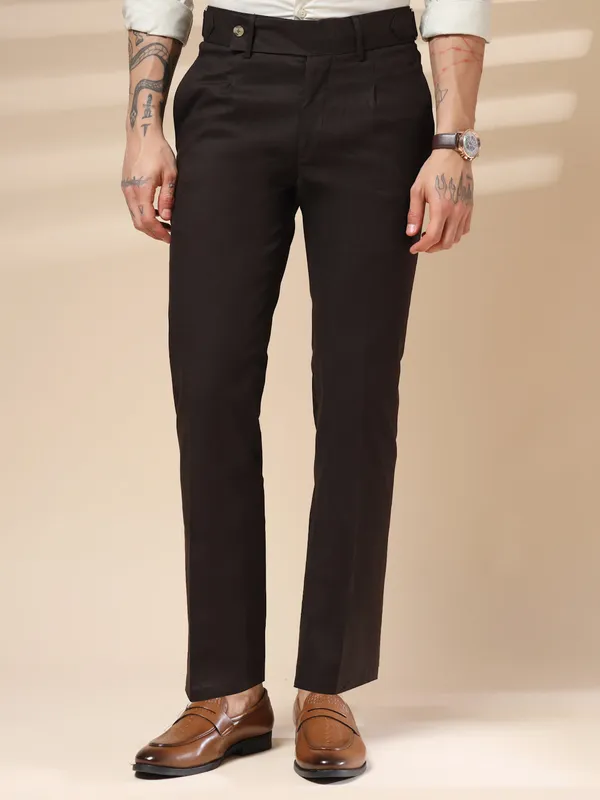 Brown_Linen_Boot_Cut_Oxford_Gurkha_Pants_For_Men