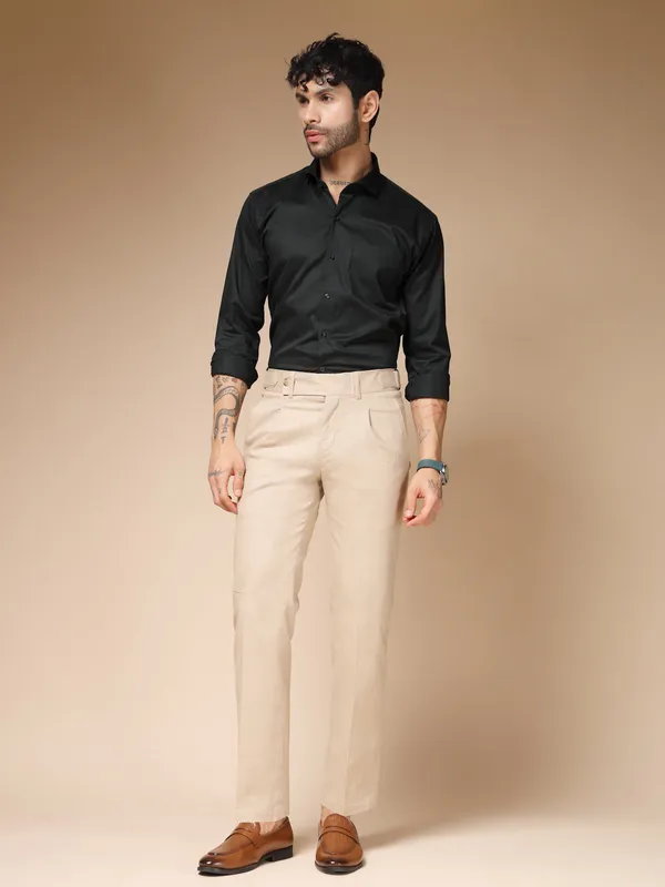 Beige_Linen_Boot_Cut_Oxford_Gurkha_Trousers_For_Men
