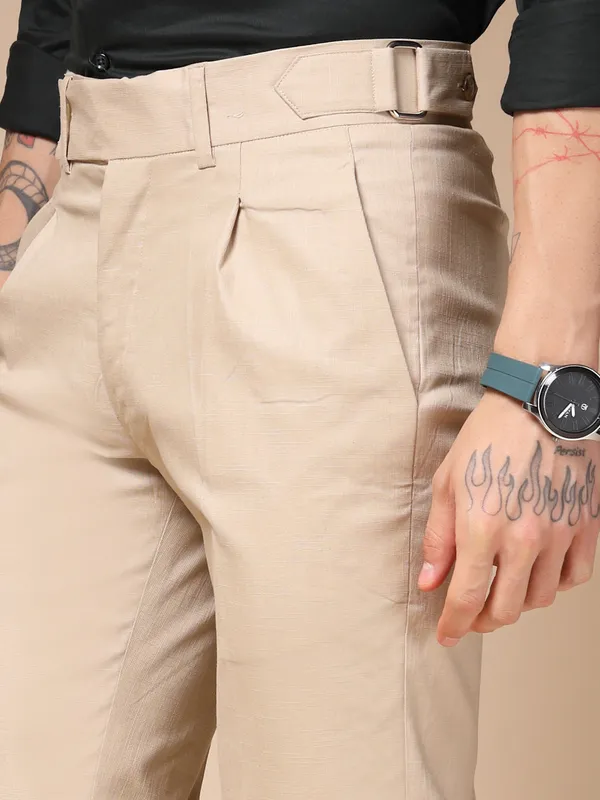 Beige_Linen_Boot_Cut_Oxford_Gurkha_Trousers_For_Men