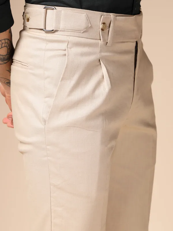 Beige_Linen_Boot_Cut_Oxford_Gurkha_Trousers_For_Men