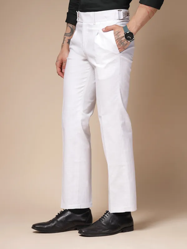White_Linen_Boot_Cut_Gurkha_Pants_For_Men