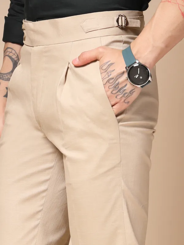 Beige_Linen_Boot_Cut_Signature_Buttoned_Gurkha_Pants_For_Men