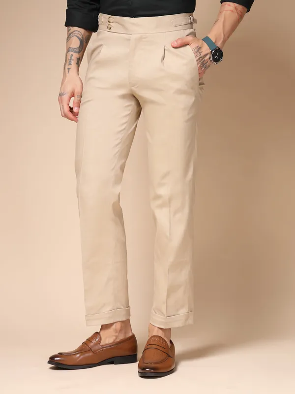 Beige_Linen_Boot_Cut_Signature_Buttoned_Gurkha_Pants_For_Men