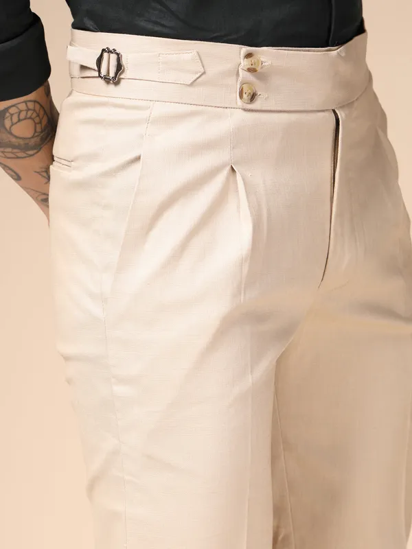 Beige_Linen_Boot_Cut_Signature_Buttoned_Gurkha_Pants_For_Men