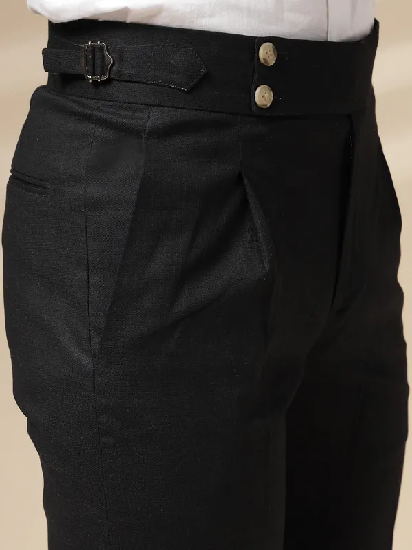 Black_Linen_Boot_Cut_Buttoned_Gurkha_Trousers_For_Men
