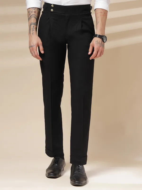 Black_Linen_Boot_Cut_Buttoned_Gurkha_Trousers_For_Men