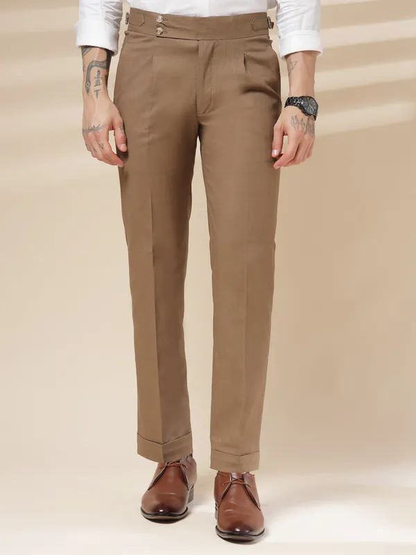 Khaki_Linen_Boot_Cut_Signature_Buttoned_Gurkha_Pants_For_Men