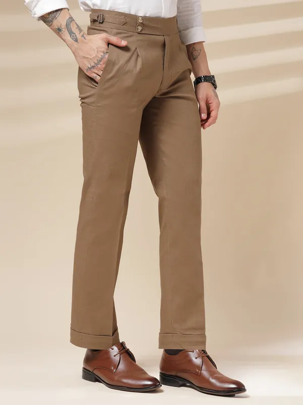 Khaki_Linen_Boot_Cut_Signature_Buttoned_Gurkha_Pants_For_Men