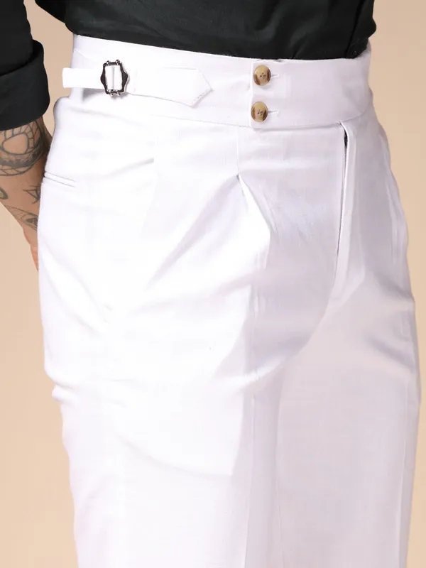 White_Linen_Boot_Cut_Buttoned_Gurkha_Trousers_For_Men