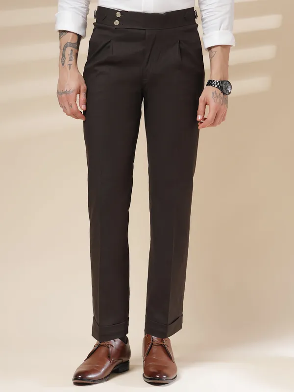 Brown_Linen_Boot_Cut_Signature_Buttoned_Gurkha_Pants_For_Men