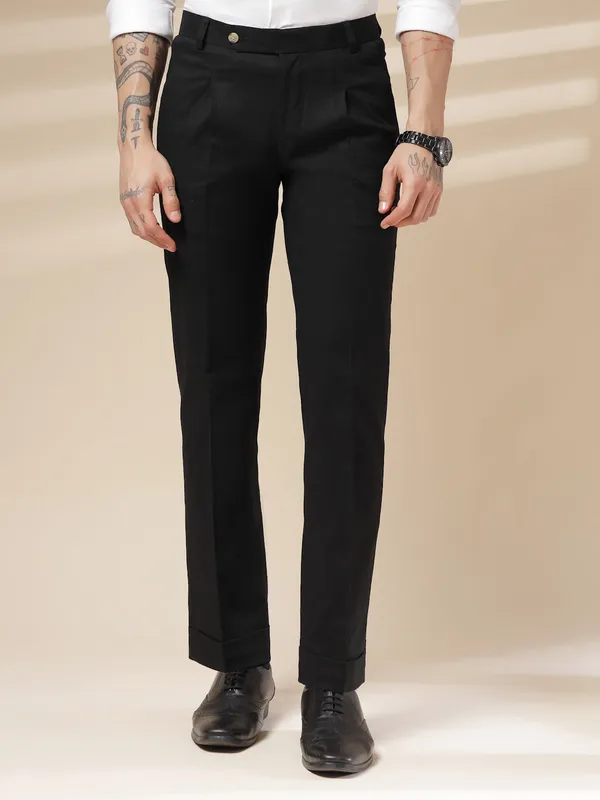 Black_Linen_Boot_Cut_Pleated_Gurkha_Trousers_For_Men