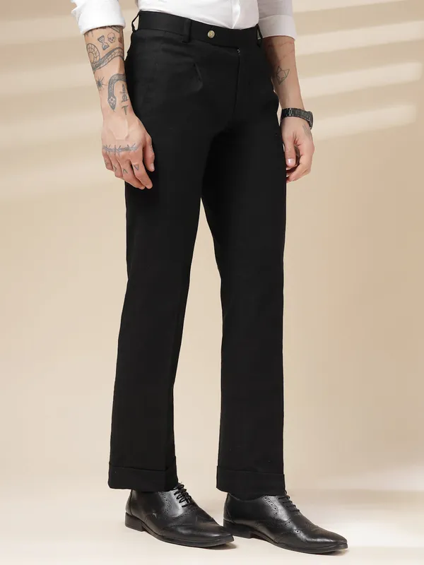 Black_Linen_Boot_Cut_Pleated_Gurkha_Trousers_For_Men
