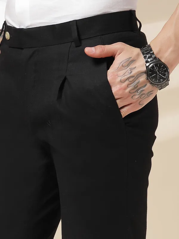 Black_Linen_Boot_Cut_Pleated_Gurkha_Trousers_For_Men