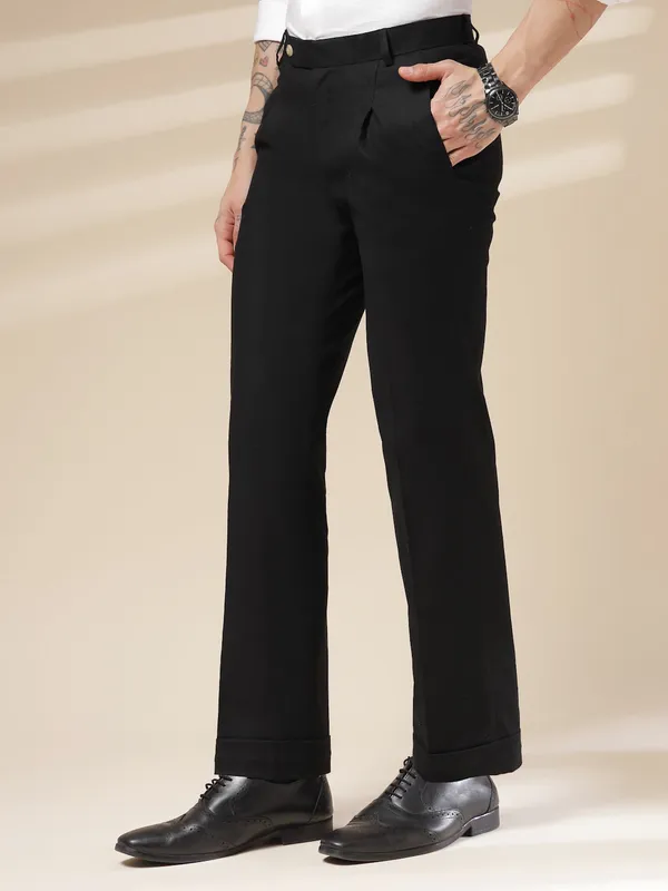 Black_Linen_Boot_Cut_Pleated_Gurkha_Trousers_For_Men