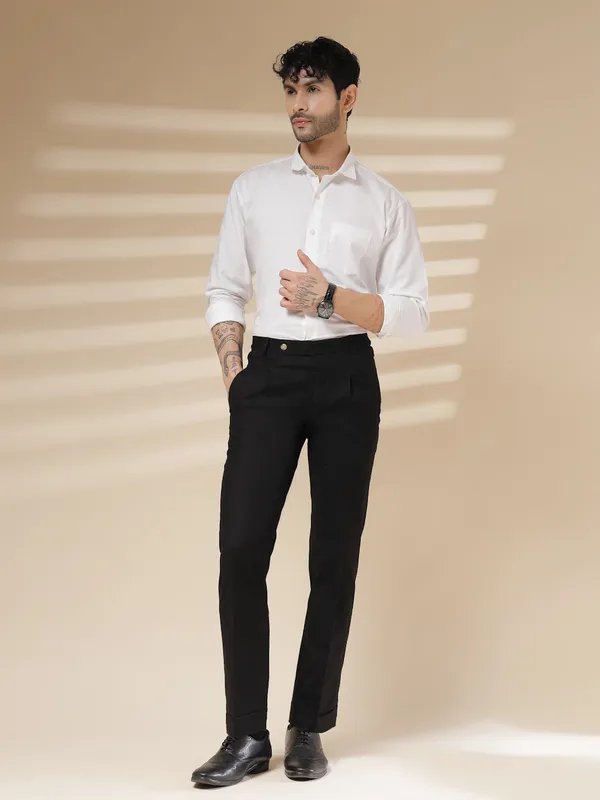 Black_Linen_Boot_Cut_Pleated_Gurkha_Trousers_For_Men