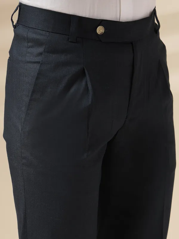 Navy_Linen_Boot_Cut_Pleated_Gurkha_Trousers_For_Men