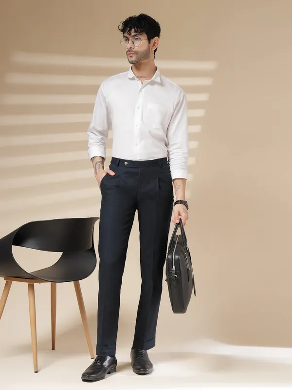 Navy_Linen_Boot_Cut_Pleated_Gurkha_Trousers_For_Men