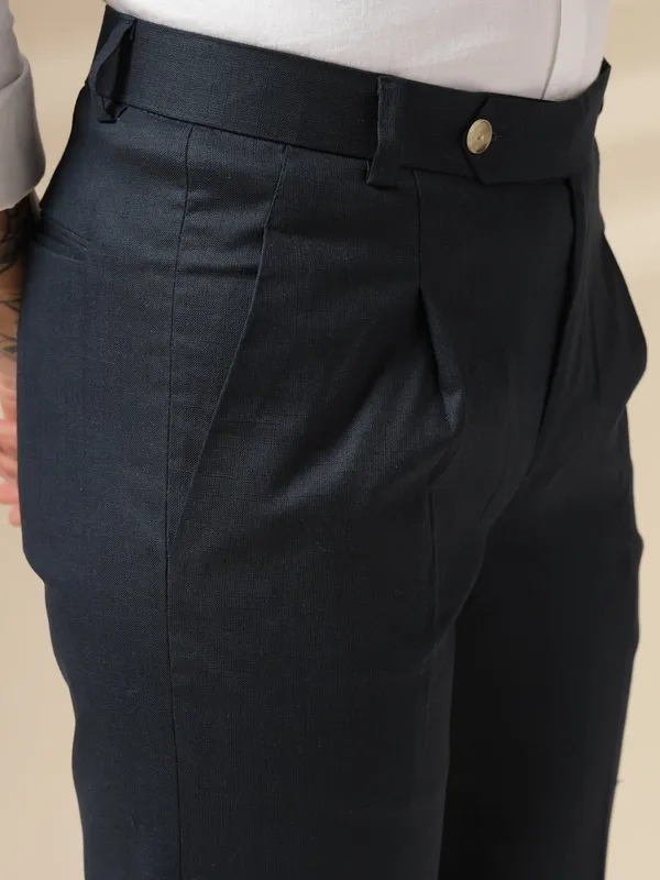 Navy_Linen_Boot_Cut_Pleated_Gurkha_Trousers_For_Men