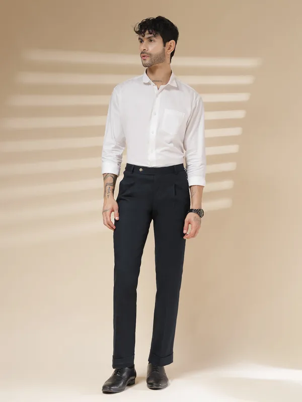 Navy_Linen_Boot_Cut_Pleated_Gurkha_Trousers_For_Men