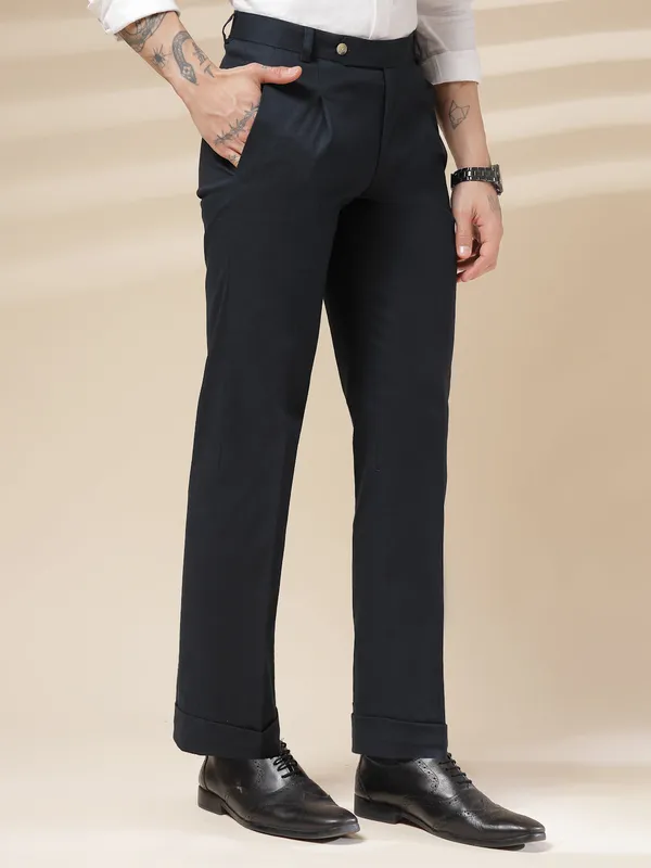 Navy_Linen_Boot_Cut_Pleated_Gurkha_Trousers_For_Men