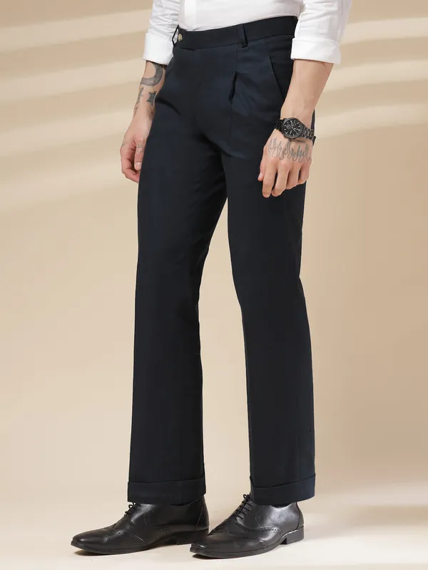 Navy_Linen_Boot_Cut_Pleated_Gurkha_Trousers_For_Men