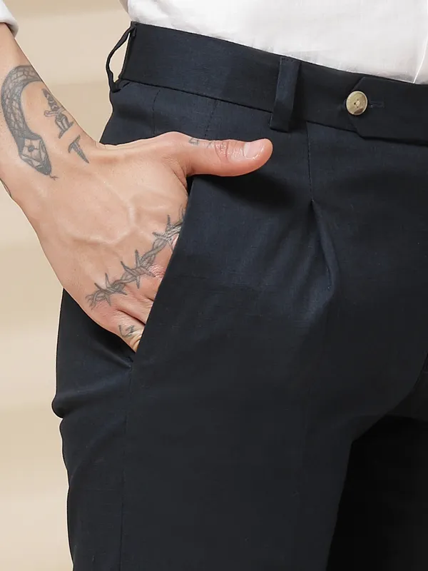Navy_Linen_Boot_Cut_Pleated_Gurkha_Trousers_For_Men