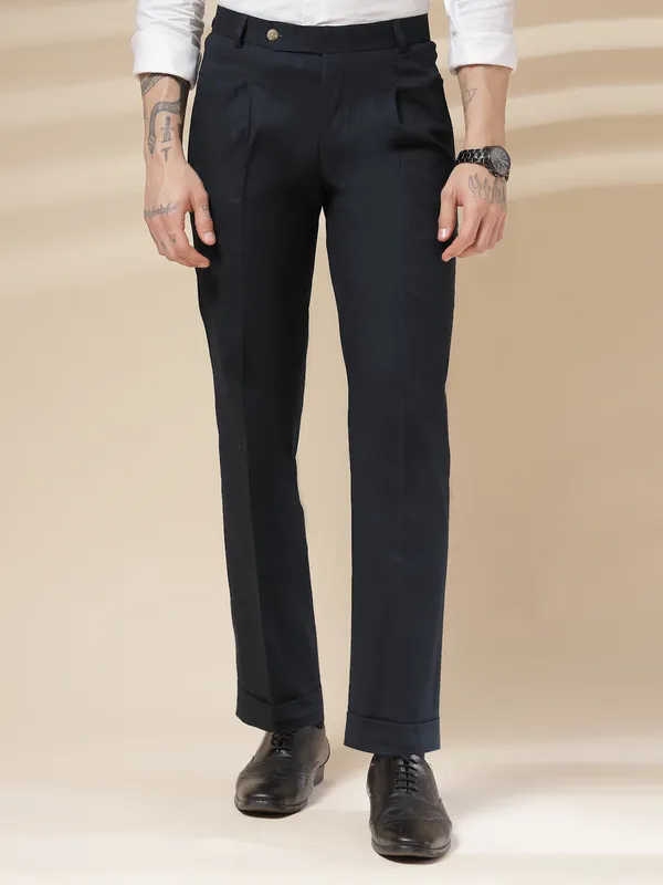 Navy_Linen_Boot_Cut_Pleated_Gurkha_Trousers_For_Men