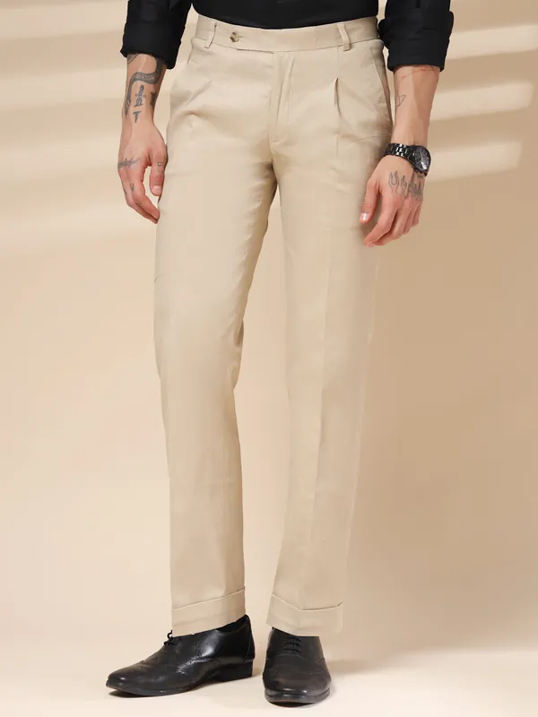 Beige_Linen_Boot_Cut_Pleated_Gurkha_Pants_For_Men