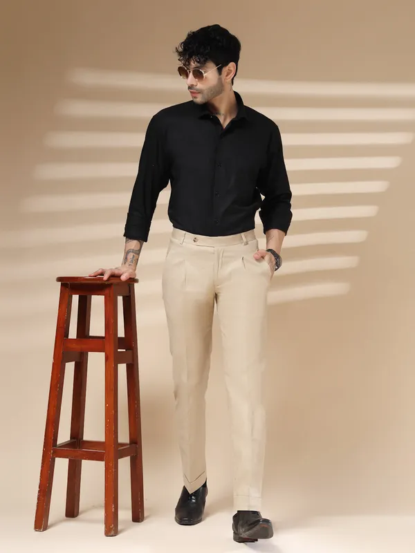 Beige_Linen_Boot_Cut_Pleated_Gurkha_Pants_For_Men