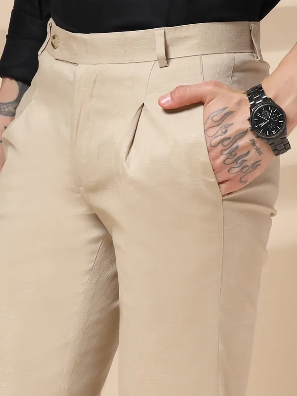 Beige_Linen_Boot_Cut_Pleated_Gurkha_Pants_For_Men