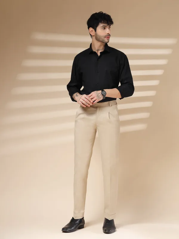Beige_Linen_Boot_Cut_Pleated_Gurkha_Pants_For_Men