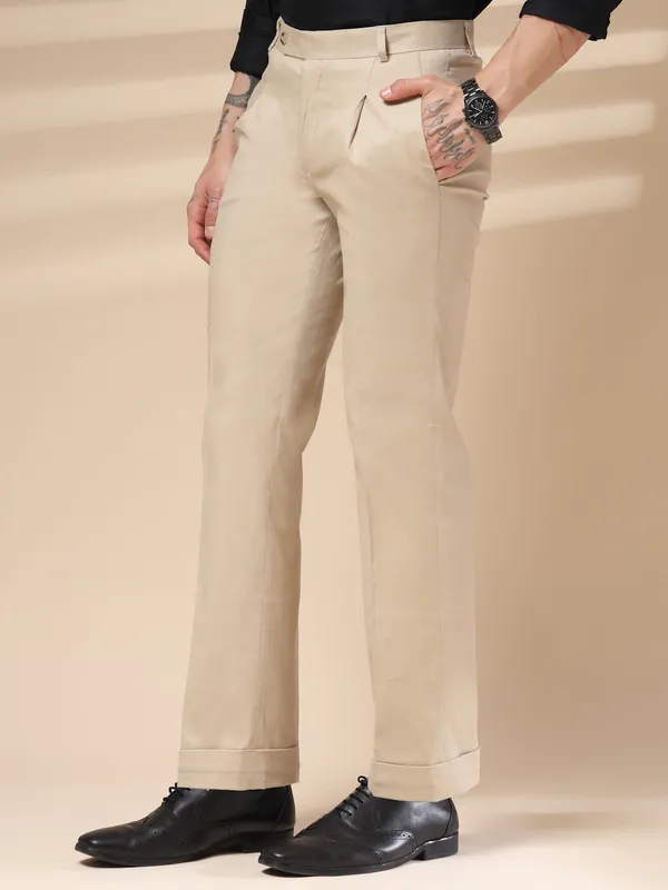Beige_Linen_Boot_Cut_Pleated_Gurkha_Pants_For_Men