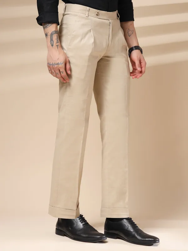Beige_Linen_Boot_Cut_Pleated_Gurkha_Pants_For_Men