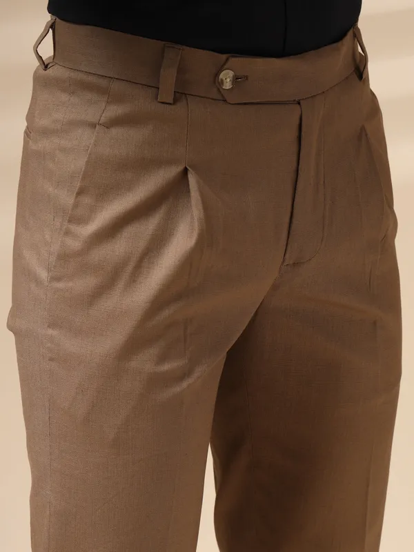 Khaki_Linen_Pleated_Boot_Cut_Gurkha_Trousers_For_Men