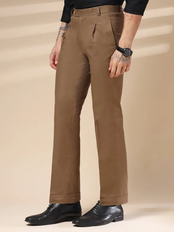 Khaki_Linen_Pleated_Boot_Cut_Gurkha_Trousers_For_Men