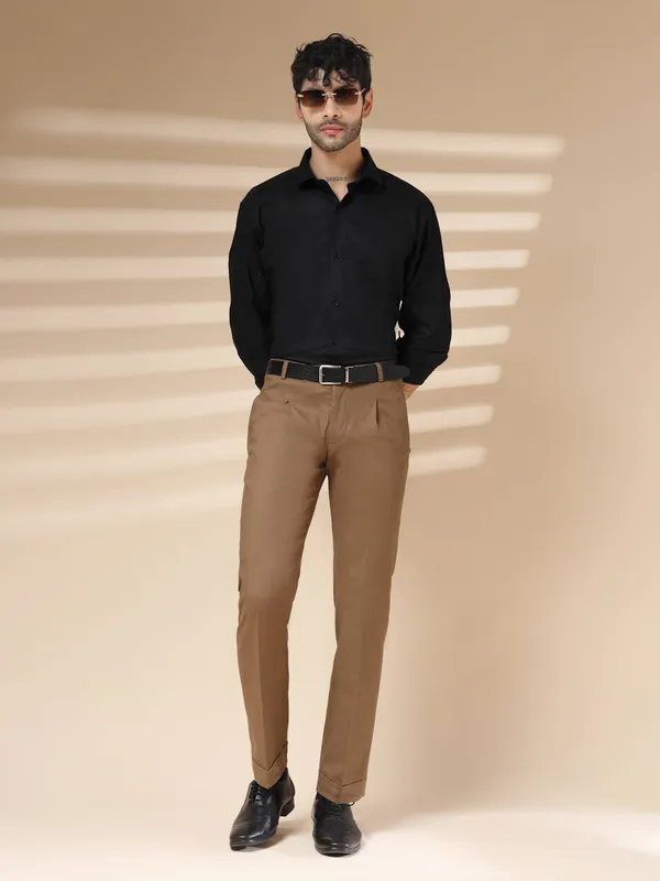 Khaki_Linen_Pleated_Boot_Cut_Gurkha_Trousers_For_Men
