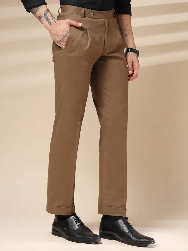 Khaki_Linen_Pleated_Boot_Cut_Gurkha_Trousers_For_Men
