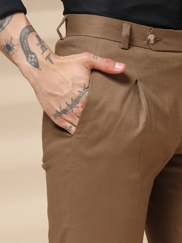 Khaki_Linen_Pleated_Boot_Cut_Gurkha_Trousers_For_Men