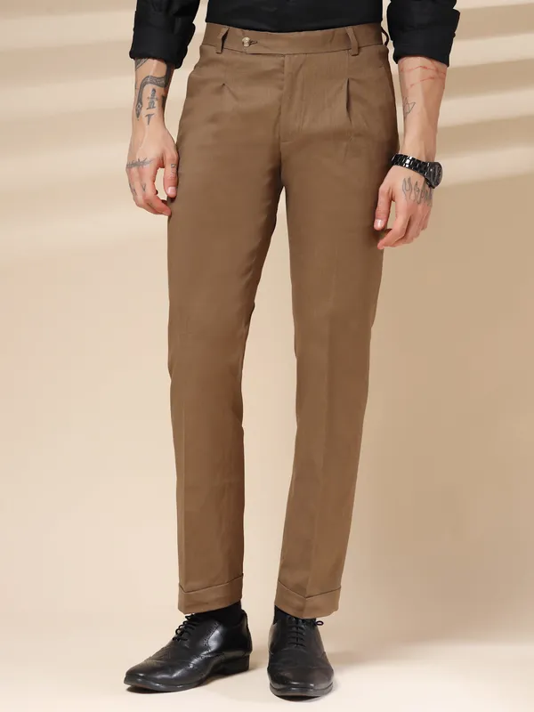 Khaki_Linen_Pleated_Boot_Cut_Gurkha_Trousers_For_Men