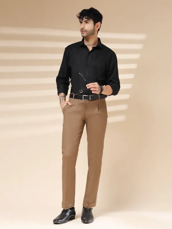Khaki_Linen_Pleated_Boot_Cut_Gurkha_Trousers_For_Men